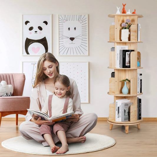 Rotating Bookshelf, 360 Display Spinning Bookshelf 4 Tier Revolving Bookcase Solid Wood Corner Bookshelf Organizer Display Shelf for Kids&Adults, 18” Wide, Natural
