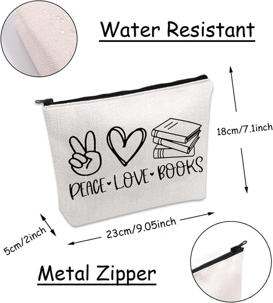 Book Lovers Canvas Bag: Peace, Love, and Books Makeup Bag with Zipper