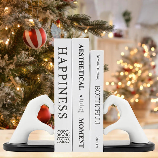 Xmeden White Finger Heart Bookends – Heavy-Duty Modern Art Decor for Desk, Bedroom, or Study Room | Boho-Inspired Decorative Book Holder (White)