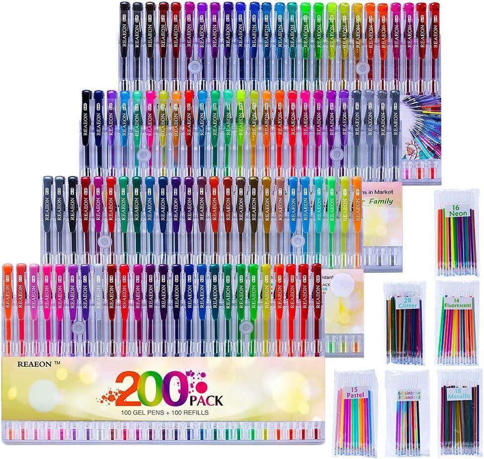 Reaeon Gel Pens: 200-Pack with Case for Adult Coloring Book Magic
